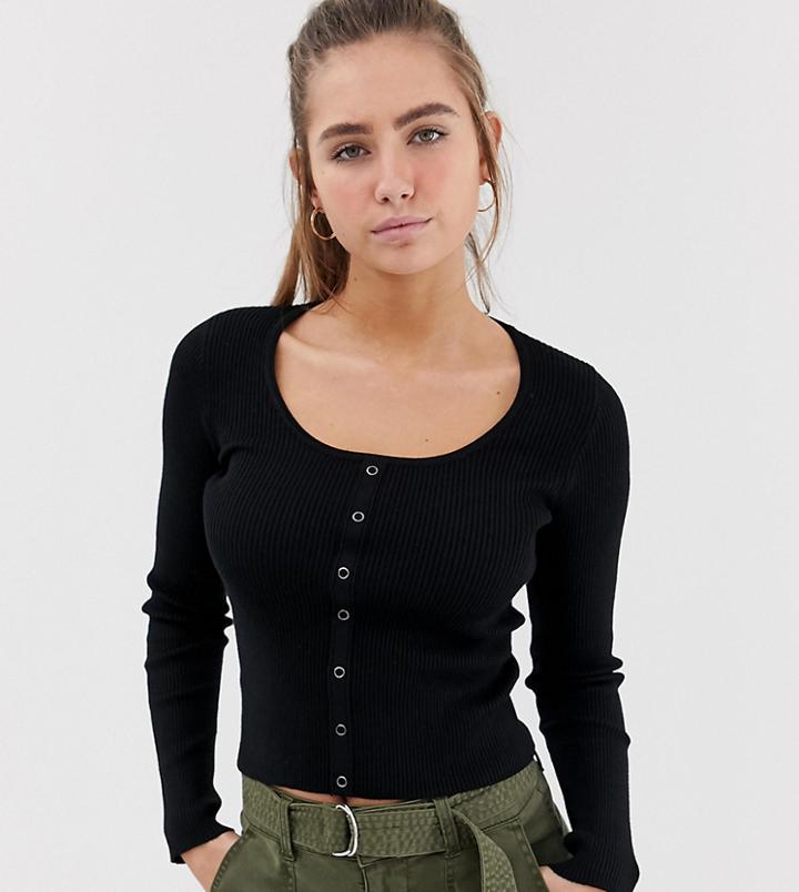 Bershka Scoop Button Front Knitted Top In Black - Black