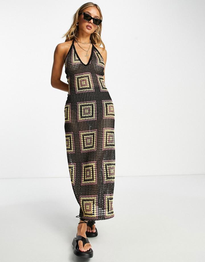 Asos Design Halter Maxi Dress In Black Crochet With Square Print-multi