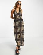 Asos Design Halter Maxi Dress In Black Crochet With Square Print-multi
