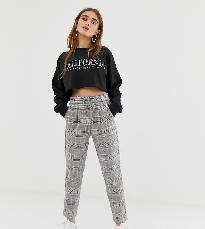 Only Petite Check Pants With Tie Waist - Gray