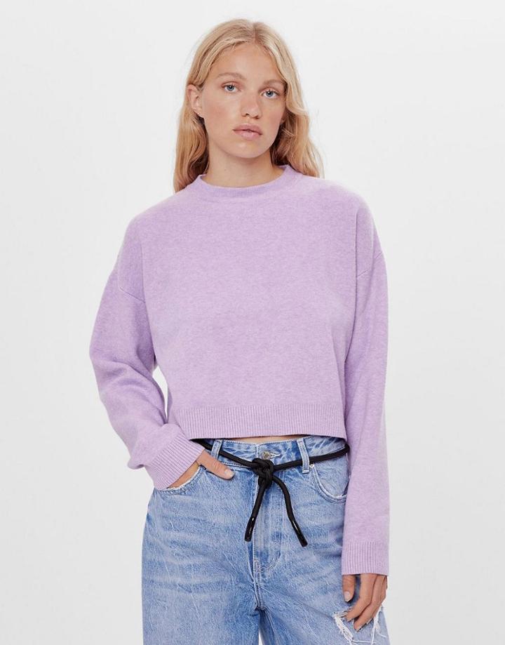 Bershka Compact Knit Crew Neck Sweater In Lilac Marl-purple
