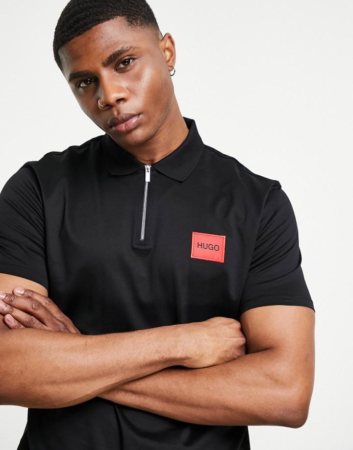 Hugo Deresom Zip Neck Box Logo Polo In Black