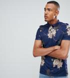 Asos Design Tall Polo With All Over Floral Skull Print - Navy