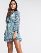 Stradivarius Mini Wrap Dress With Ruffles In Blue Floral Print-multi