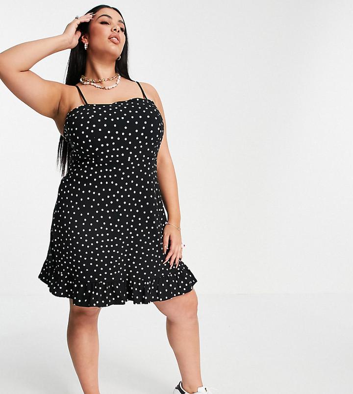 Asos Design Curve Strappy Sundress With Pep Hem In Mono Polka Dot-black