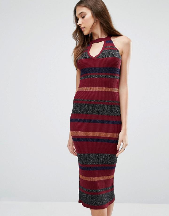 Qed London Knitted Pencil Dress In Mixed Stripe - Red