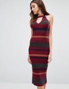 Qed London Knitted Pencil Dress In Mixed Stripe - Red