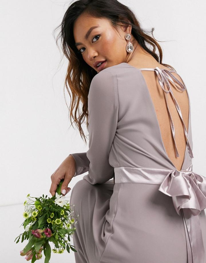Tfnc Bridesmaids Long Sleeve Bow Back Maxi Dress In Gray-grey
