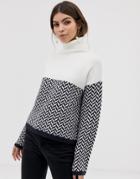 Asos Design Roll Neck Sweater With Mono Chevron Pattern - Cream