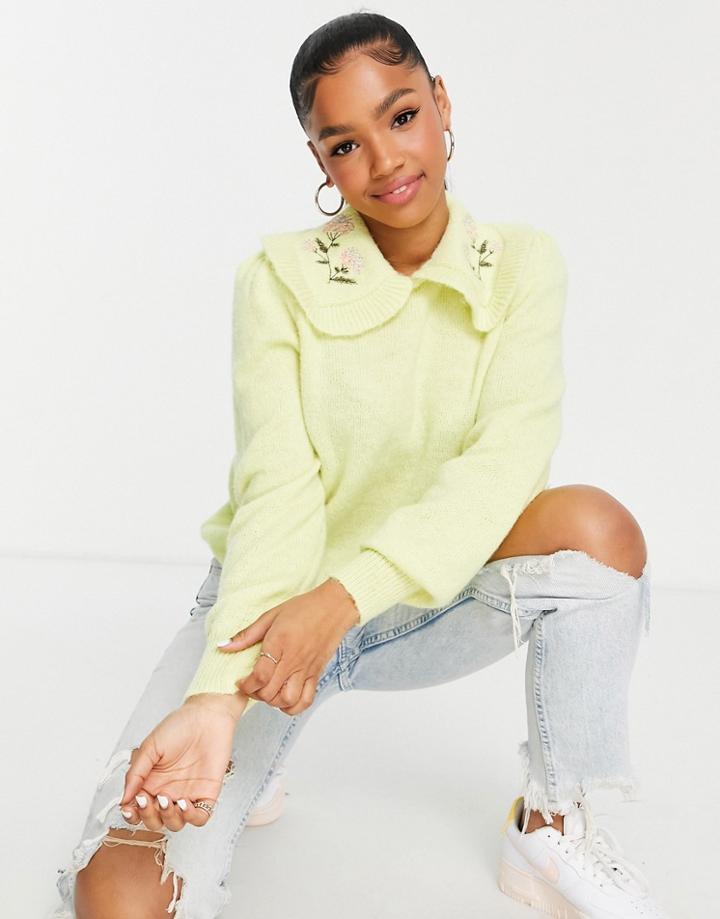 Pieces Embroidered Collar Sweater In Yellow