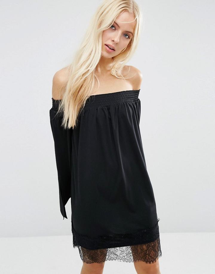 Asos Off Shoulder Swing Dress With Lace Trim Detail - Black