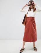 Asos Design Utility Midi Skirt With Paperbag Waist - Brown