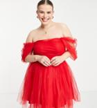 Lace & Beads Plus Exclusive Off Shoulder Wrapped Tulle Mini Dress In Pillarbox Red
