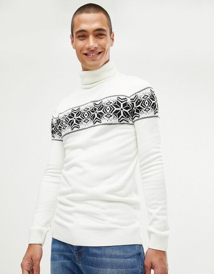 Boohooman Roll Neck Fairisle Sweater In Cream - White