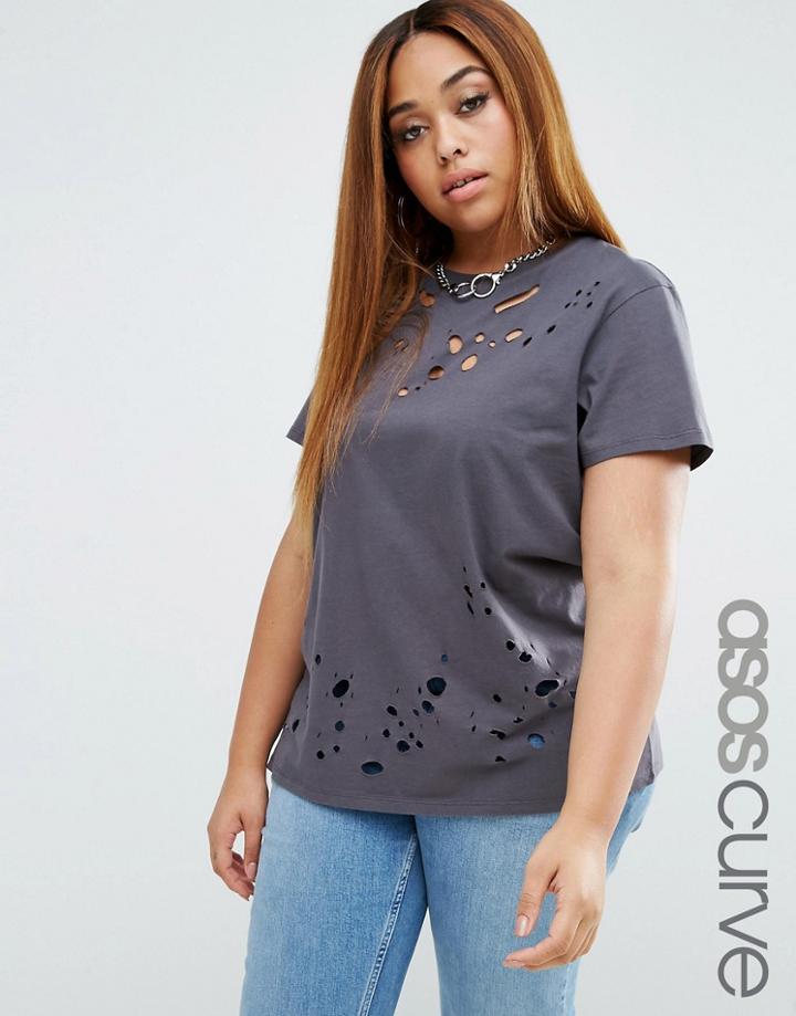 Asos Curve T-shirt In Boyfriend Fit With Distressed Detail And Nibblin