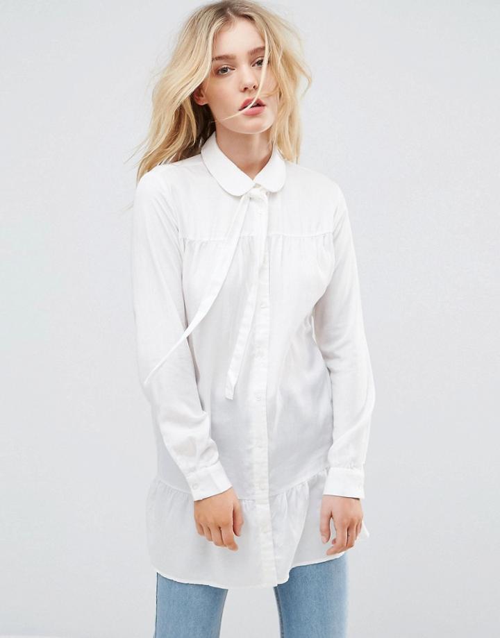 Vila Tie Neck Frill Hem Shirt - White