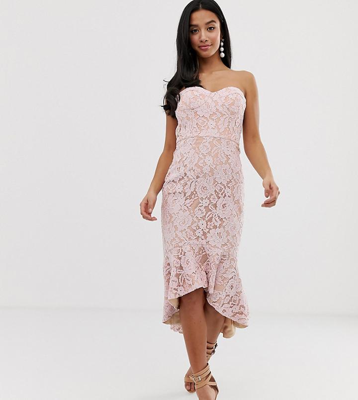 Jarlo Petite All Over Lace Bandeau Midi Dress In Pink