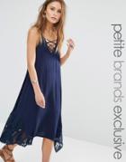 Sisters Of The Tribe Petite Lace Up Crochet Insert Midi Swing Dress - Navy