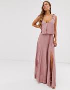 Asos Design Tie Shoulder Pleated Crop Top Maxi Dress-pink