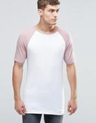Asos Longline Muscle T-shirt With Contrast Raglan Sleeves In White/pink - White