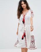 Liquorish Embroidered Beach Dress With Tassel Detail - White