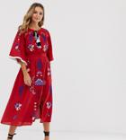Violet Skye Allover Embroidered Midaxi Dress With Tassel Trim In Red Multi