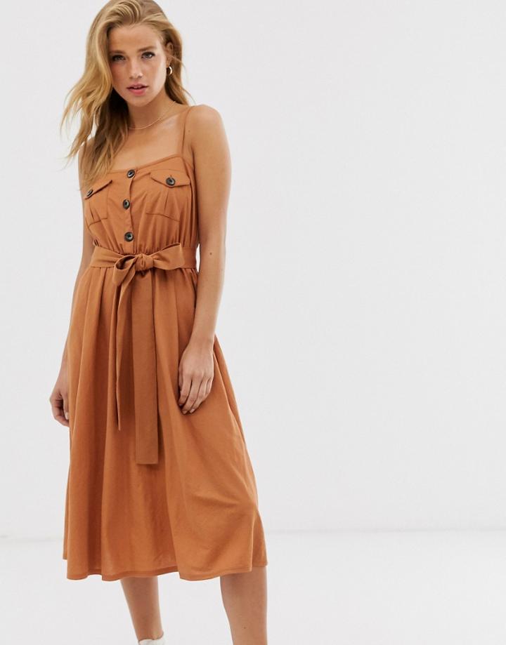 Asos Design Midi Utility Belted Sundress-brown