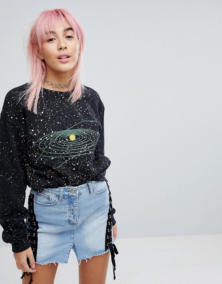 Ragyard Hand Splattered Sweatshirt With Solar System Print - Black