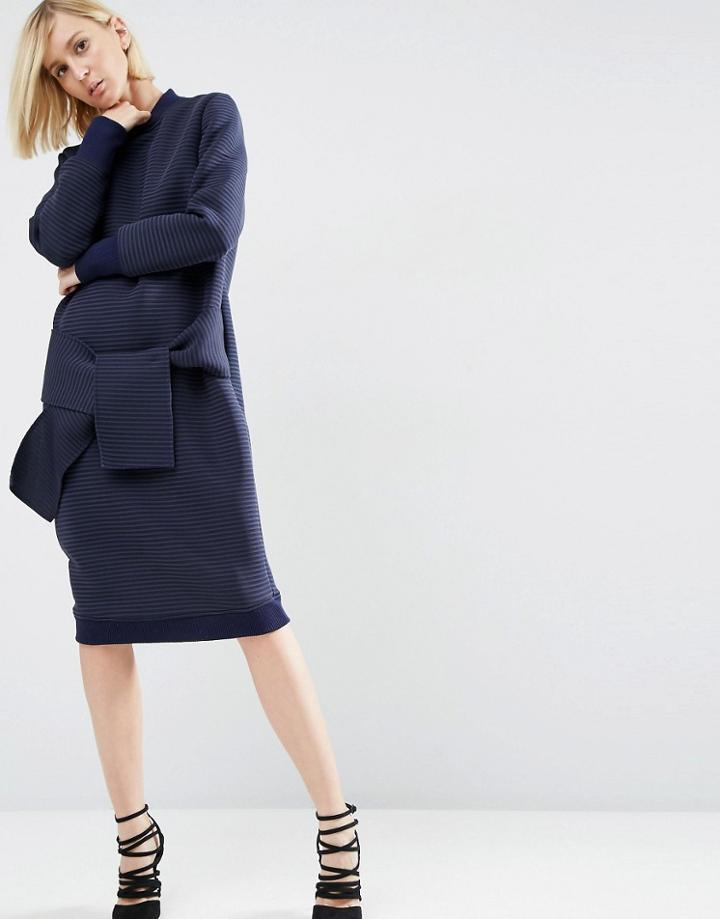Asos White Tie Detail Midi Dress In Self Stripe - Navy