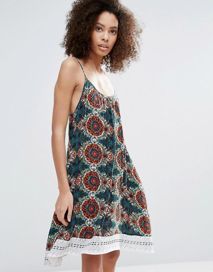 Vero Moda Printed Cami Dress With Lace Hem And Racer Back - Multi