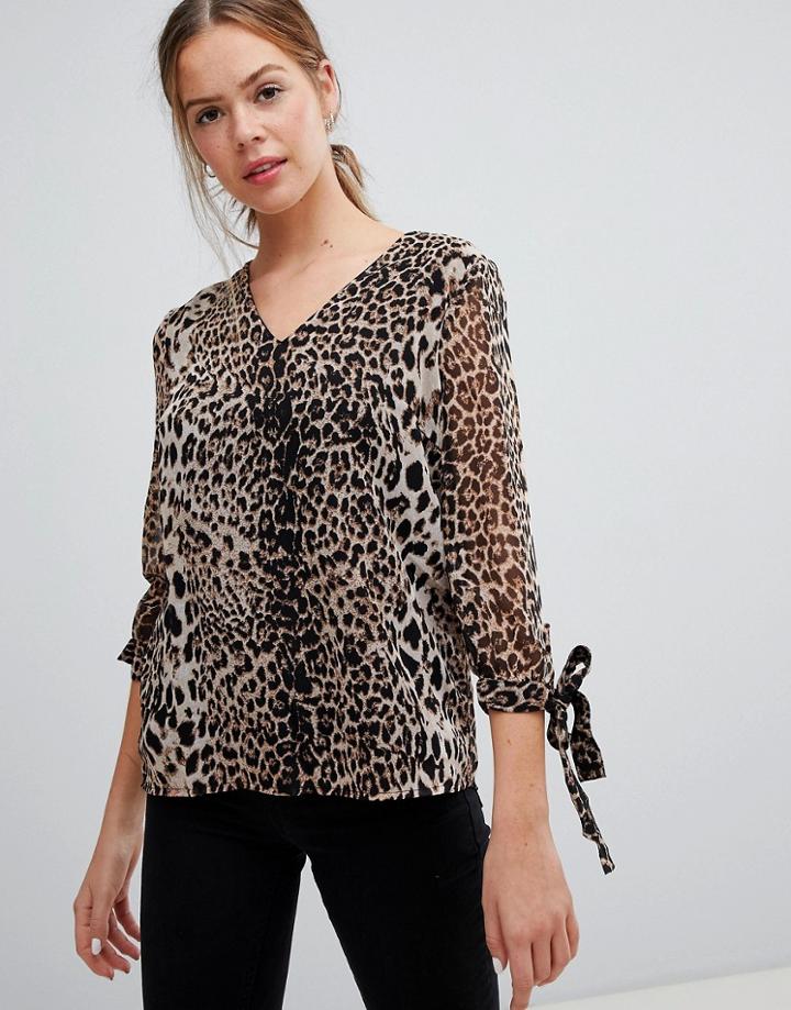Pieces Leon Leopard Print Tie Sleeve Top - Black