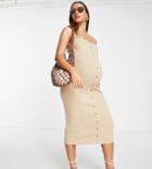Asos Design Maternity Midi Button Through Ribbed Dress With Frill Hem In Sand-neutral