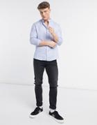 Asos Design Slim Fit Textured Herringbone Shirt With Grandad Collar In Blue-blues