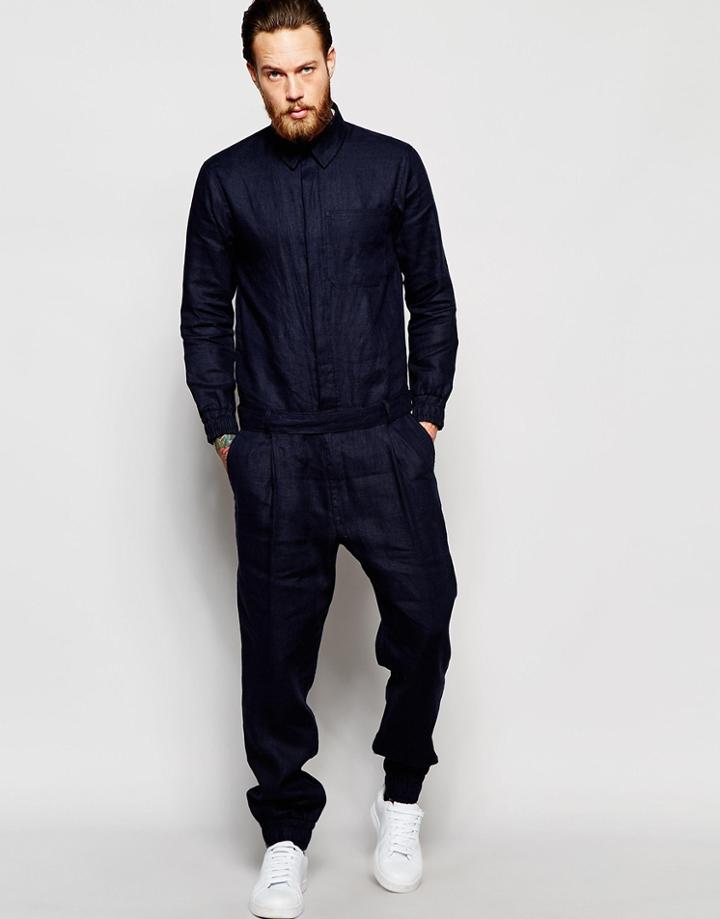 Asos Slim Boiler Suit In Textured Fabric In Navy - Navy