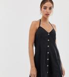 Asos Design Petite Denim Halter Neck Mini Dress With Buttons In Washed Black - Black