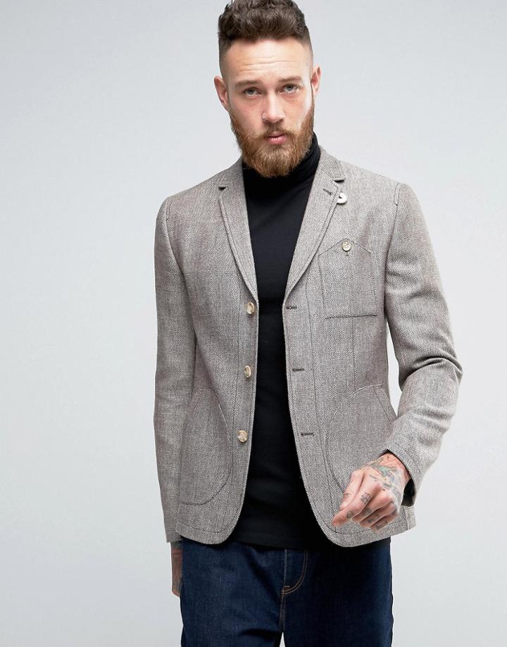 Asos Slim Blazer In Brown With Pocket Detail - Brown