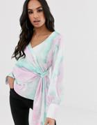 Asos Design Long Sleeve V Neck Top With Drape Front And Cuffs In Tie Dye Print-multi