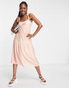 Miss Selfridge Twist Front Tie Strap Textured Midi Sundress In Orange Spot