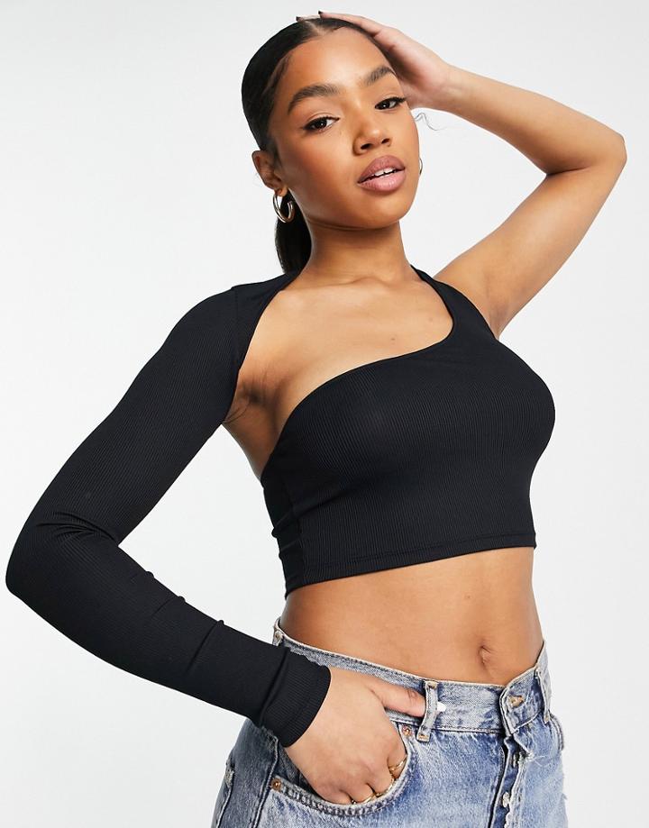 Pull & Bear One Shoulder Halterneck Crop Top In Black