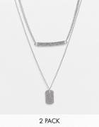 Asos Design Pack Of 2 Necklaces With Id Bar And Tag Pendant In Silver Tone
