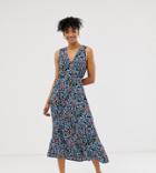 Monki Blossom Flower Print Button Through Midi Dress In Blue-black