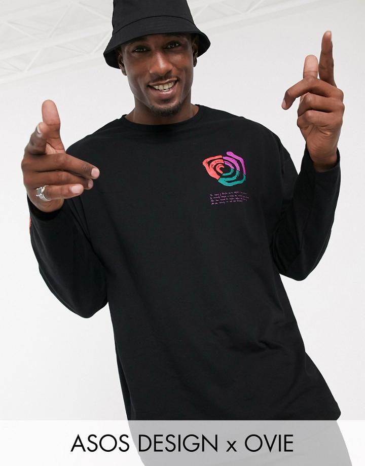 Asos Design X Ovie Oversized Long Sleeve T-shirt With Sleeve And Chest Print-black