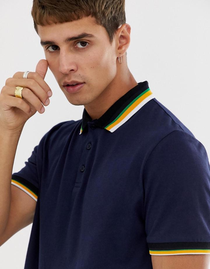 Asos Design Polo Shirt With Contrast Tipping In Navy - Navy