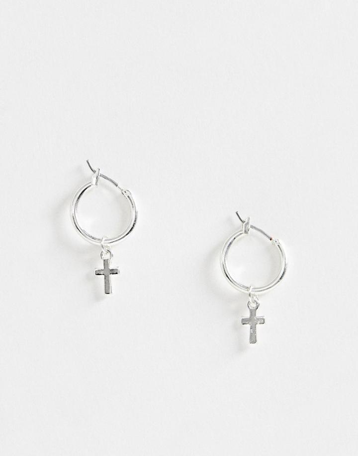 Asos Design Hoop Earrings With Cross In Silver Tone