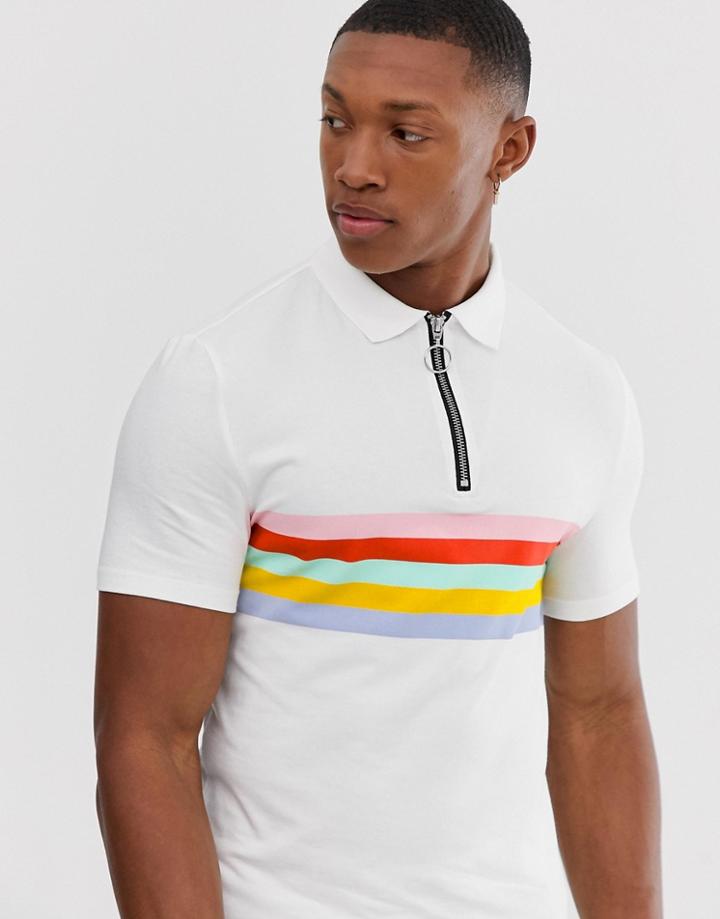 Asos Design Organic Cotton Muscle Zip Neck Polo With Body Stripes - White