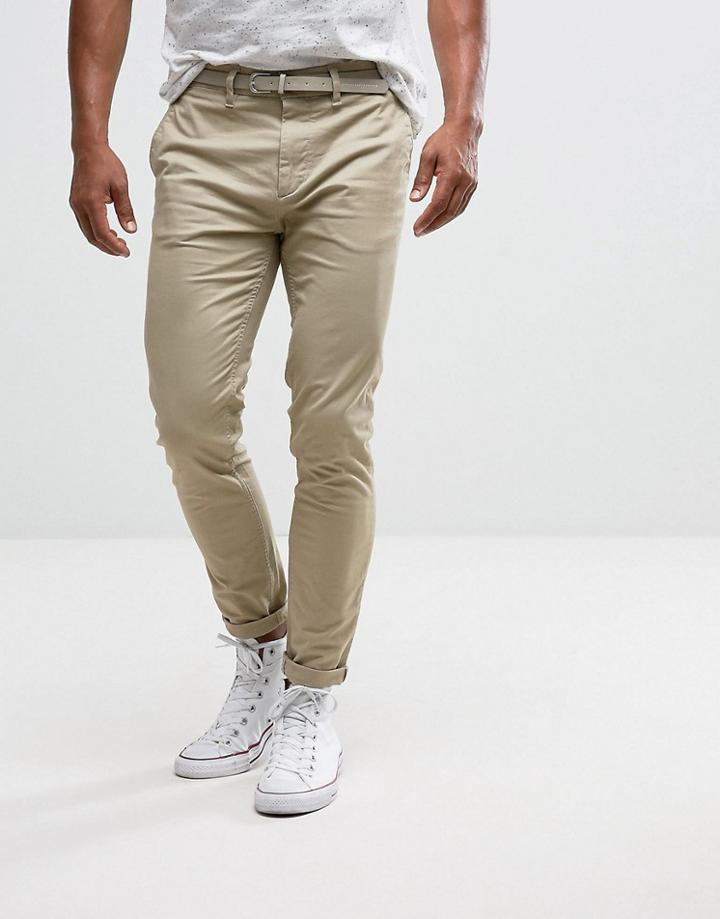 Pull & Bear Skinny Chinos With Belt In Stone - Stone