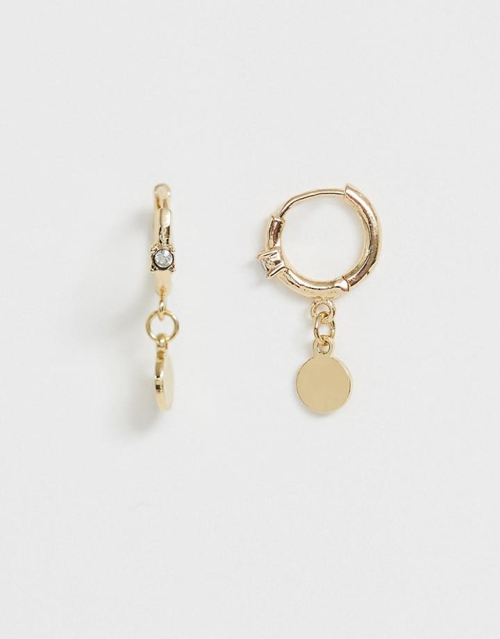 Asos Design Single Hoop Earring With Crystal Detail And Disc Charm In Gold Tone - Gold