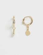 Asos Design Single Hoop Earring With Crystal Detail And Disc Charm In Gold Tone - Gold