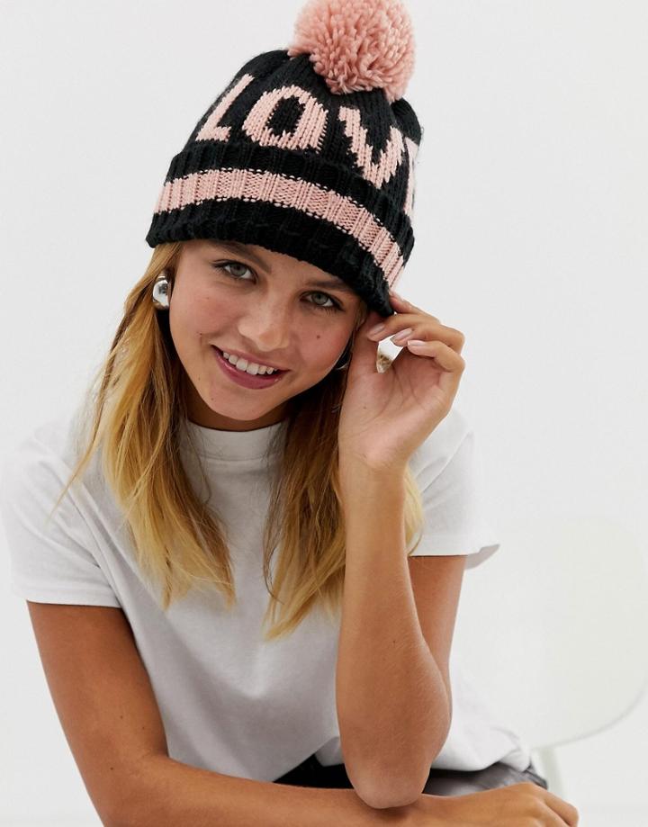 New Look Love Slogan Bobble Hat In Black Pattern - Black