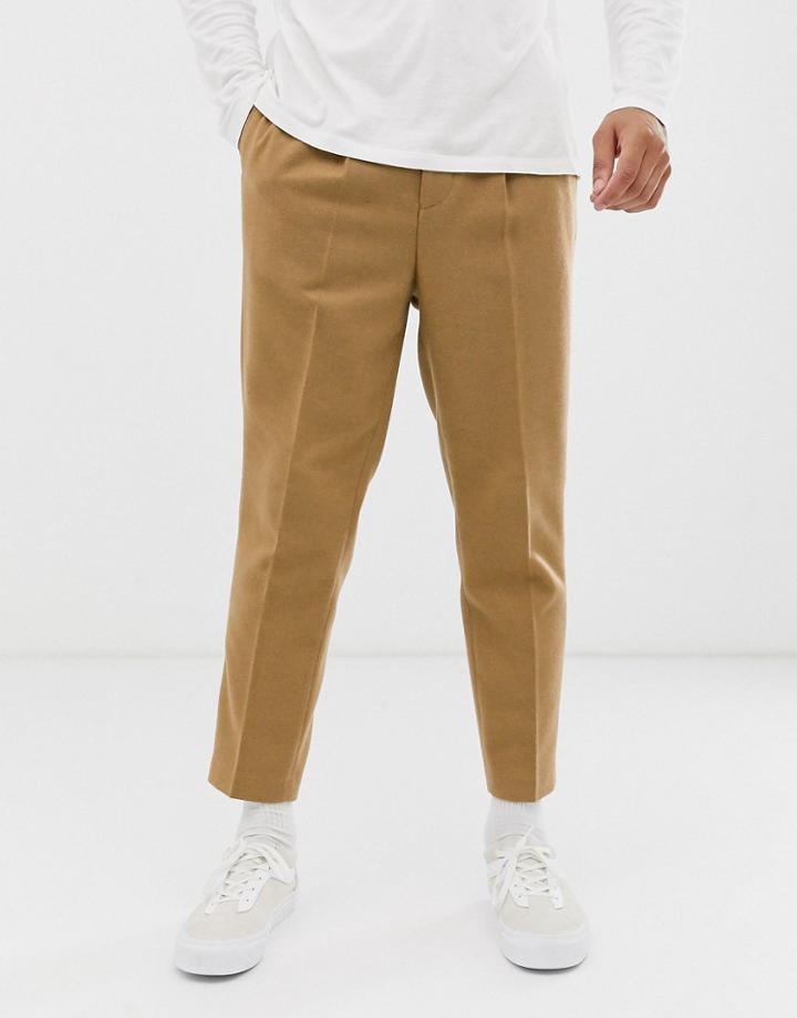 Asos Design Tapered Crop Smart Pants In Textured Wool Mix Camel - Beige